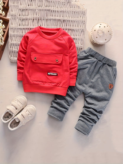 Kid's Classic Casual Outfits - 2pcs Slant Shoulder Long Sleeve Top With Big Pocket Design + Trousers Set For Spring Autumn - NEXTRENDBAHRAIN