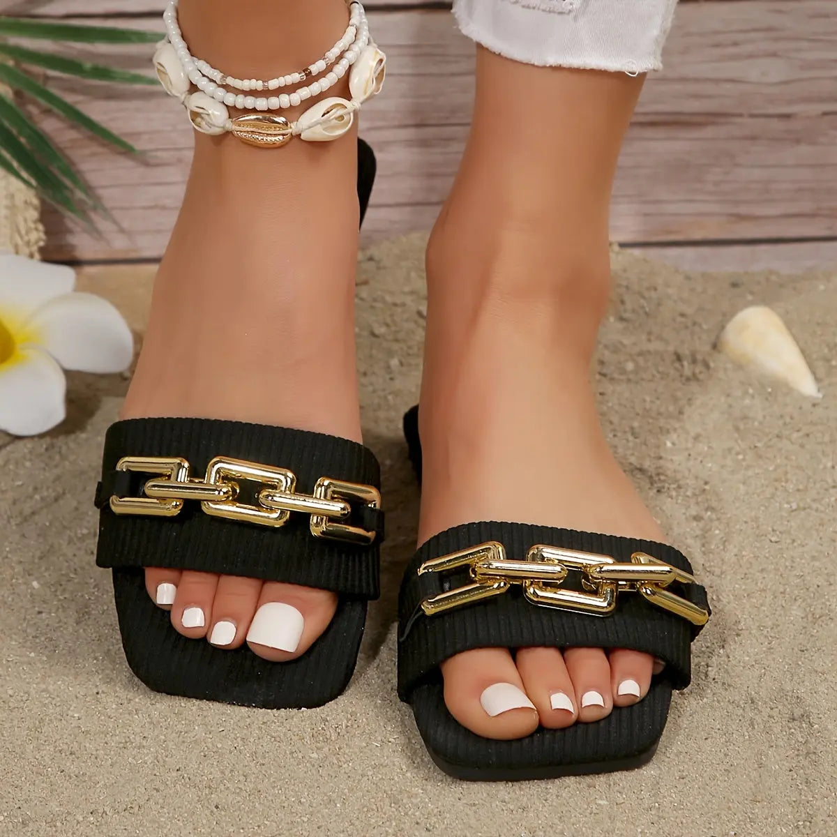 Women's Chain Decor Flat Slides, Fashion Square Open Toe Summer Shoes, Casual Outdoor Slide Sandals - NEXTRENDBAHRAIN