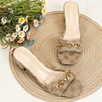 Women's Chain Decor Chunky Heel Sandals, Fashion Square Toe Dress Pumps, Comfortable Slip On Heels - NEXTRENDBAHRAIN