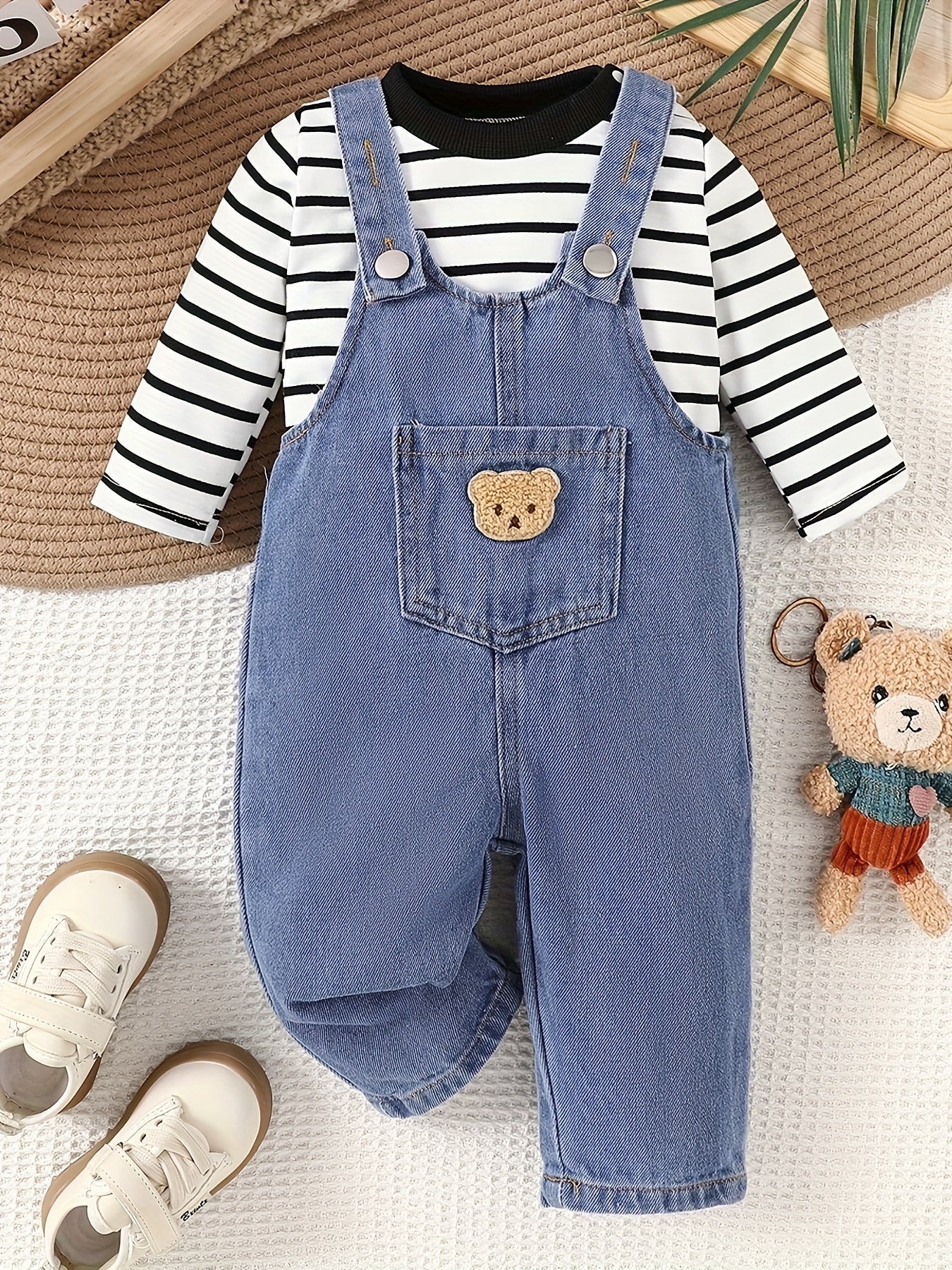 Boy'S Denim Overalls with Striped Long Sleeve Top - Fall/Winter Collection - Cotton Blend, Casual Style, Elastic Fabric, Cartoon Pattern, Button Detail, Long Pants, Regular Fit, Knit (Including Crochet, Woolen Fabric), Polyes - NEXTRENDBAHRAIN