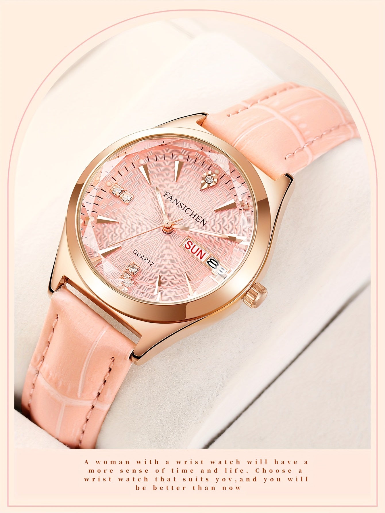 Elegant Women's Watch with Rhinestone Dial - Rose Golden, & Luminous with Calendar Feature, Genuine Faux Leather/Stainless Steel Band - Perfect Gift for Her - NEXTRENDBAHRAIN