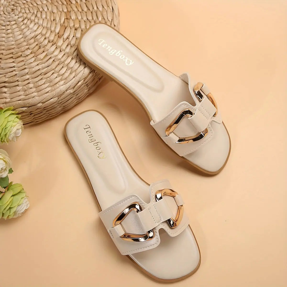 Women's Metallic Buckle Decor Slides, Fashionable Square Open Toe Summer Shoes, Casual Beach Flat Slides - NEXTRENDBAHRAIN