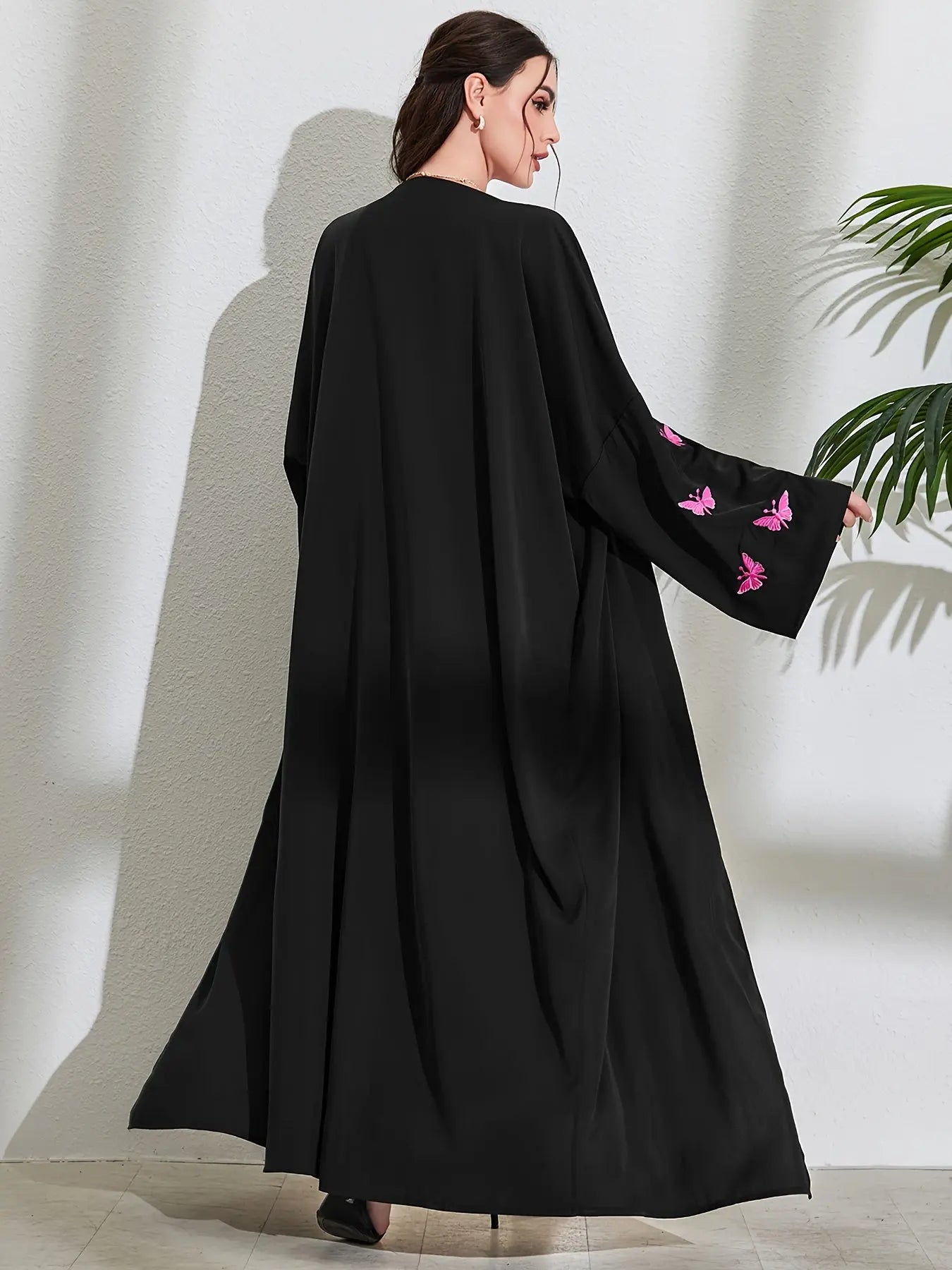 Butterfly Embroidered Modest Outwear, Elegant Open Front Maxi Loose Cover Up, Women's Clothing NEXTRENDBAHRAIN