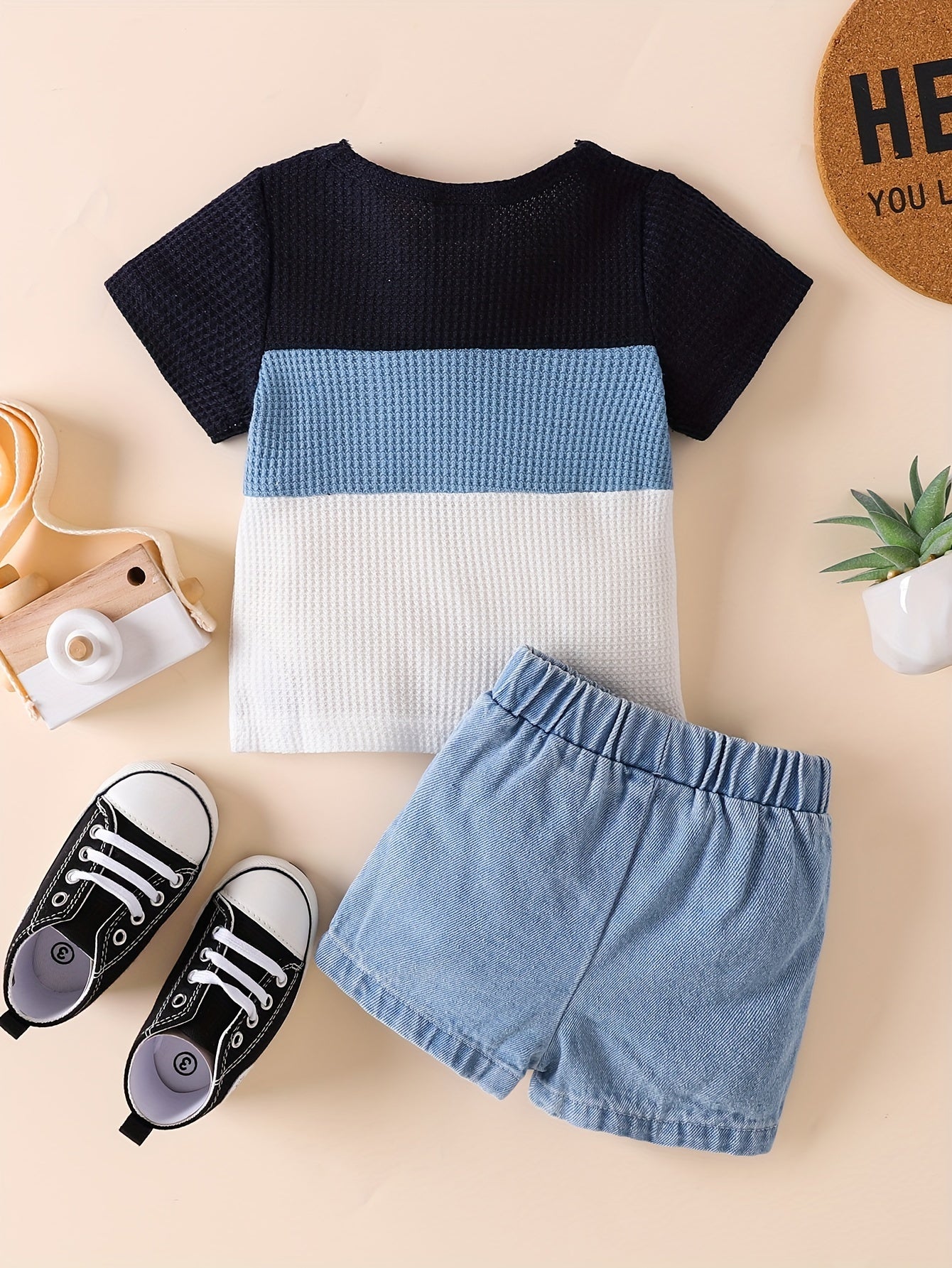 Baby Boys 2-Piece Set, Striped Short Sleeve T-Shirt & Ripped Denim Shorts, Casual Summer Outfit - NEXTRENDBAHRAIN