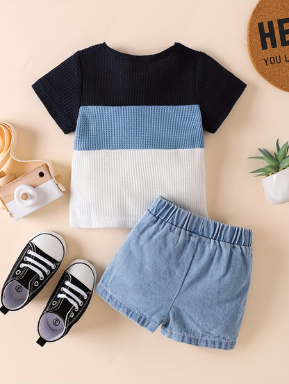 Baby Boys 2-Piece Set, Striped Short Sleeve T-Shirt & Ripped Denim Shorts, Casual Summer Outfit - NEXTRENDBAHRAIN