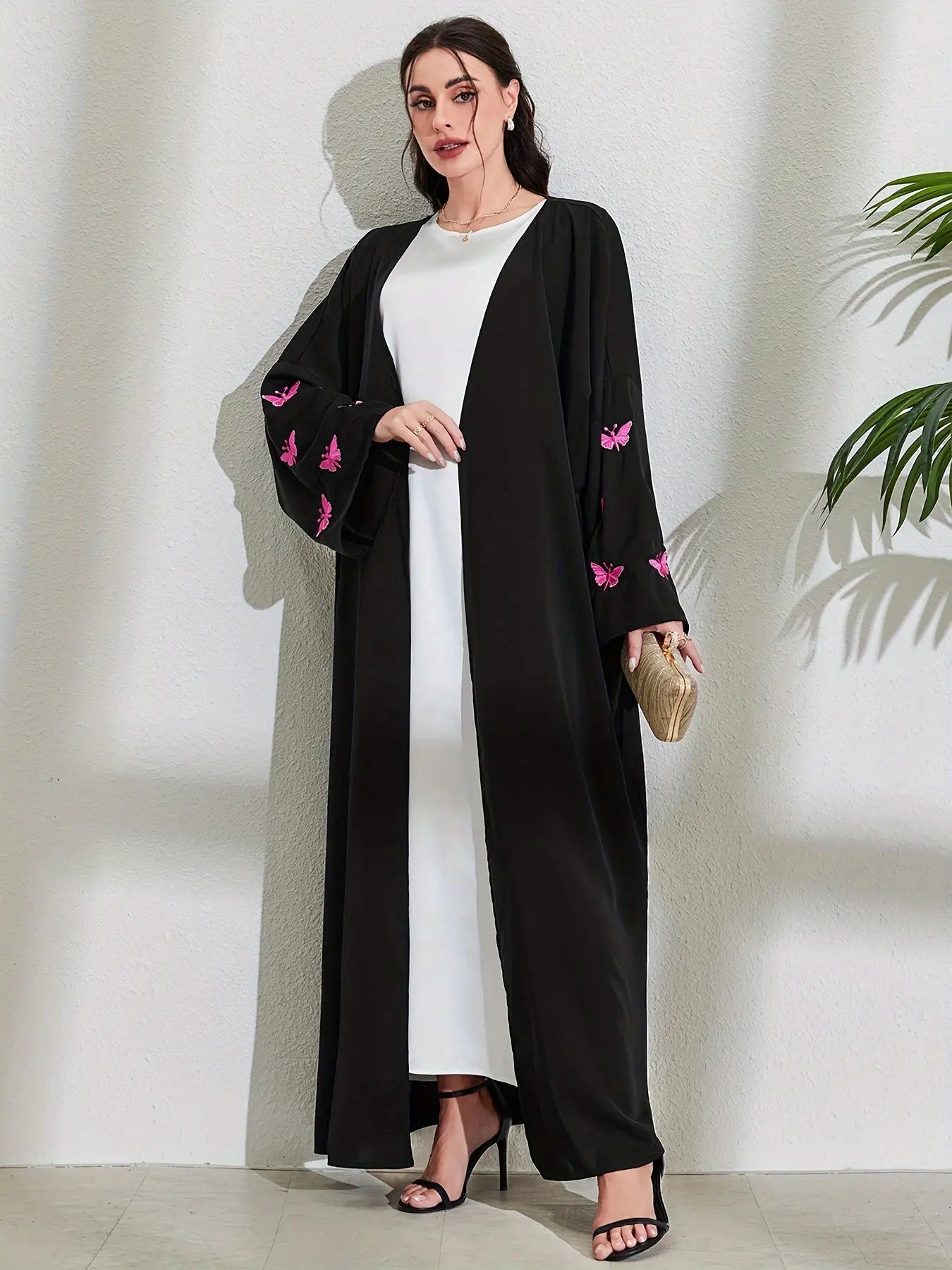 Butterfly Embroidered Modest Outwear, Elegant Open Front Maxi Loose Cover Up, Women's Clothing NEXTRENDBAHRAIN