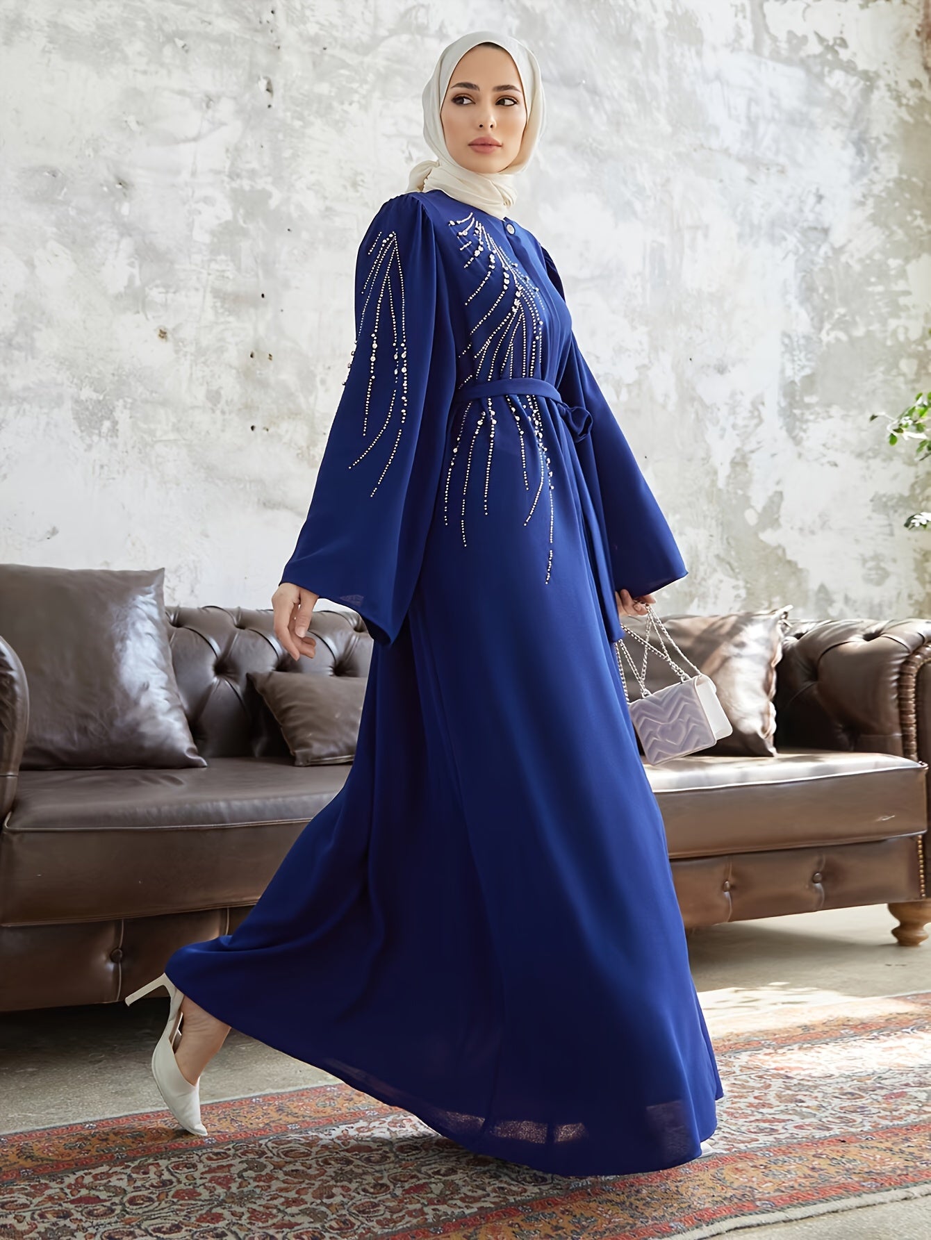 Beaded Tie Waist Modest Dress, Elegant Flare Sleeve Maxi Length Aline Dress, Women's Clothing - NEXTRENDBAHRAIN