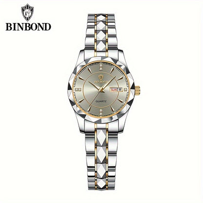 BINBOND Women's Dial Cutting Watch Luxury Rhinestone Quartz Watch Retro Fashion Luminous Analog WR Stainless Steel Wrist Watch - NEXTRENDBAHRAIN