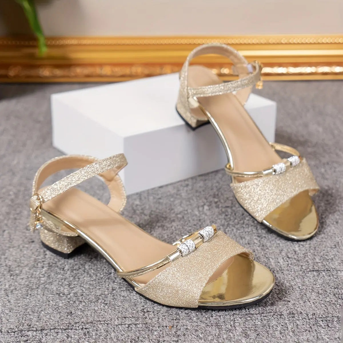 Women's Solid Color Elegant Sandals, Ankle Buckle Strap Rhinestone Beaded Chunky Heels, Versatile Slingback Dressy Shoes - NEXTRENDBAHRAIN