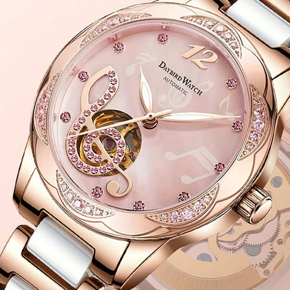 A rose Golden white women's alloy elegant casual style hollowed out mechanical watch - NEXTRENDBAHRAIN