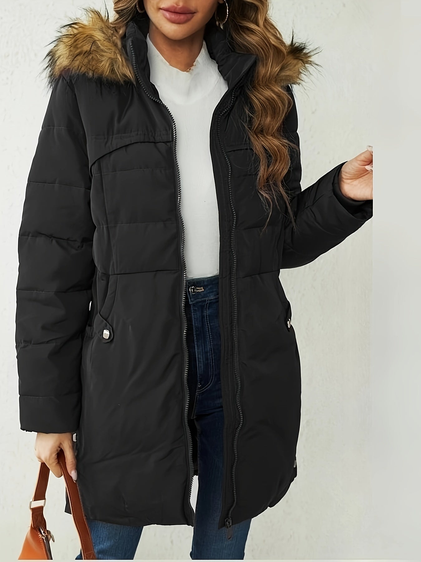 Women's Elegant Long Sleeve Polyester Padded Jacket Coat with Faux Fur Hood, Solid Color, Waterproof Mid-Length Slit Hem Winter Parka NEXTRENDBAHRAIN