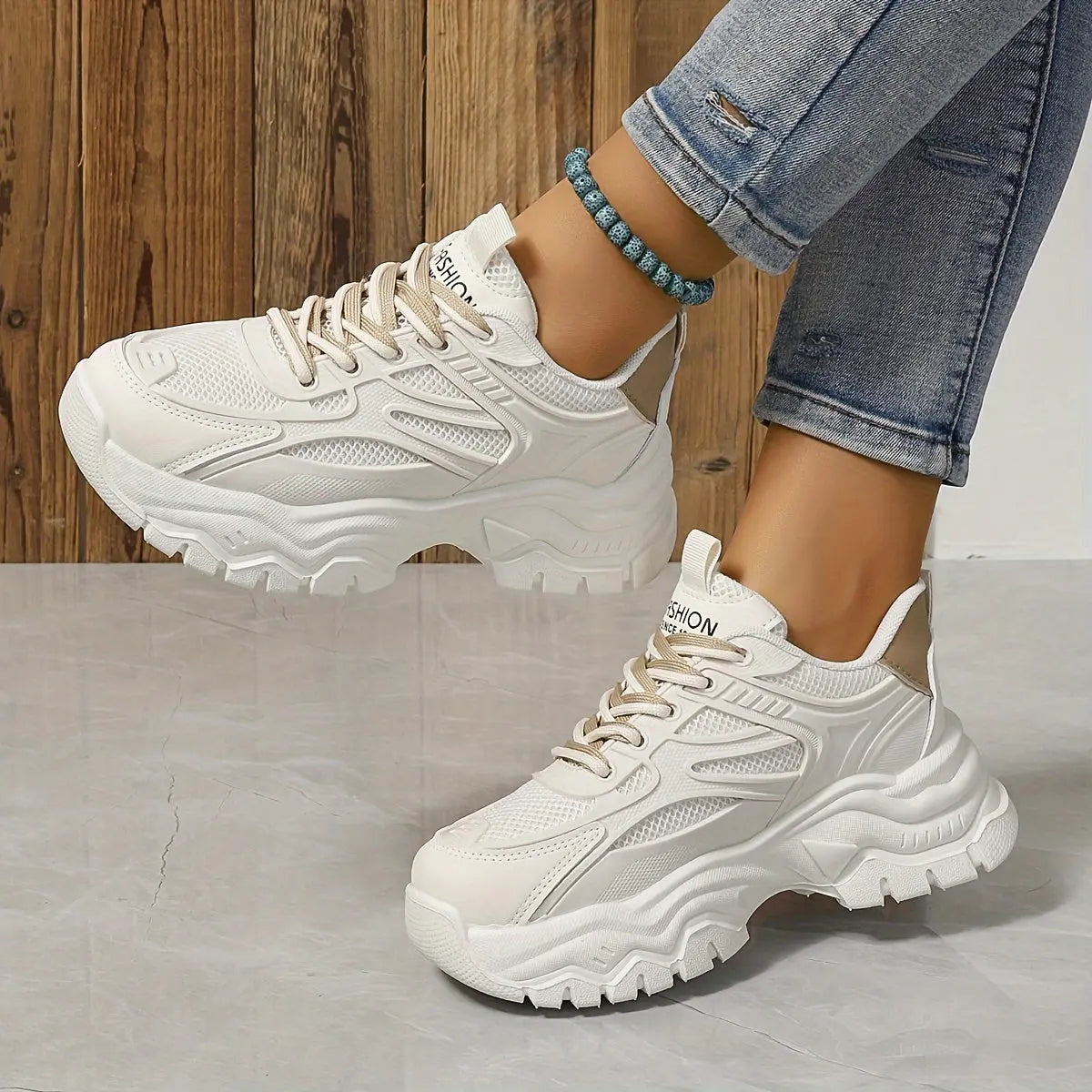 Women's Solid Color Mesh Sneakers, Lace Up Soft Sole Platform Casual Shoes, Breathable Low-top Comfy Shoes - NEXTRENDBAHRAIN