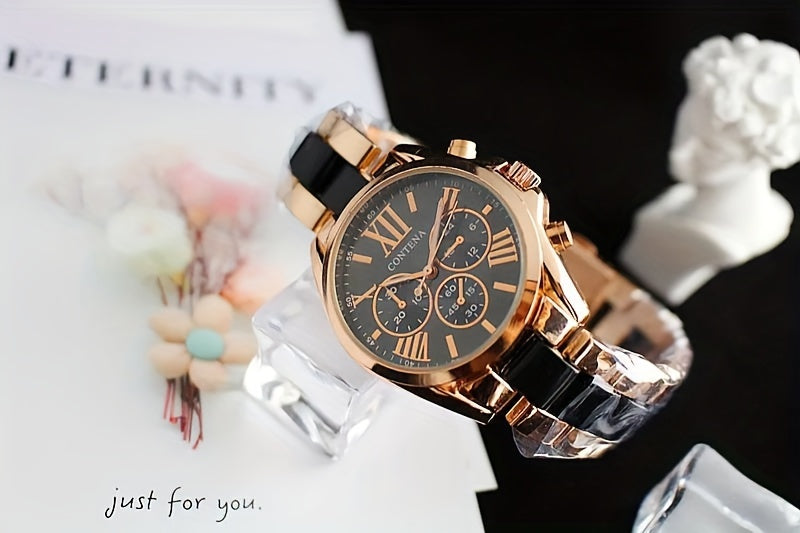 1pc Matching Contena Luxury Rose Golden Quartz Watches, Women's Fashion Wristwatch Set With Roman Numerals, Elegant Female Timepieces For Daily Life And Travel (Watch Only) - NEXTRENDBAHRAIN