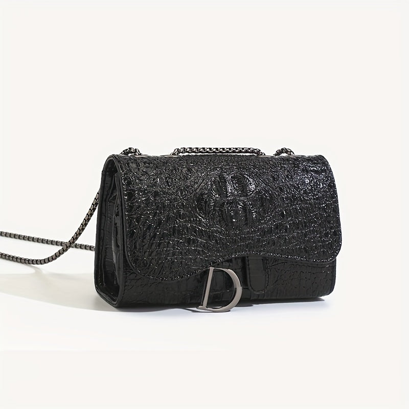 Women's Luxury Handbag, Elegant Crocodile Pattern Square Flap Chain Bag For Daily Use - NEXTRENDBAHRAIN