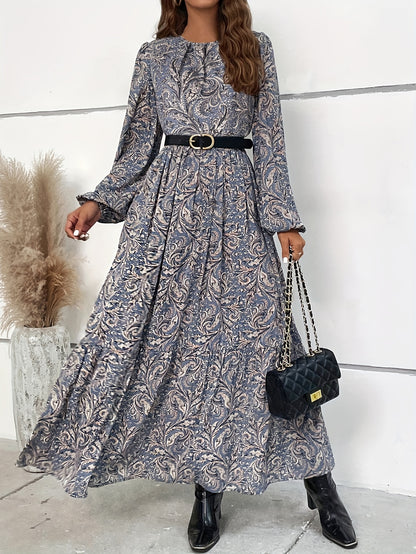 Allover Print Crew Neck Swing Dress, Vintage Lantern Sleeve Dress For Spring & Fall, Women's Clothing - NEXTRENDBAHRAIN