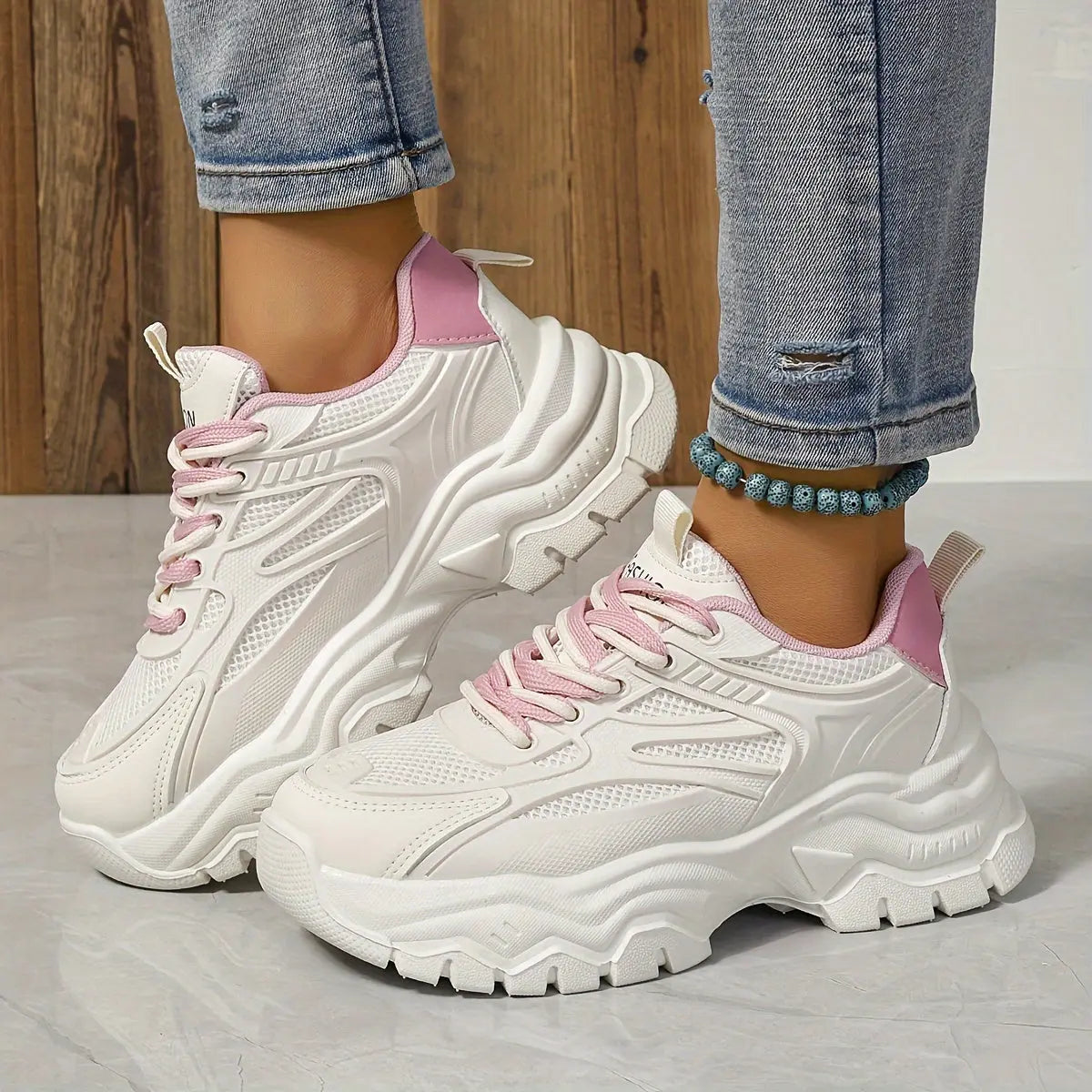 Women's Solid Color Mesh Sneakers, Lace Up Soft Sole Platform Casual Shoes, Breathable Low-top Comfy Shoes - NEXTRENDBAHRAIN