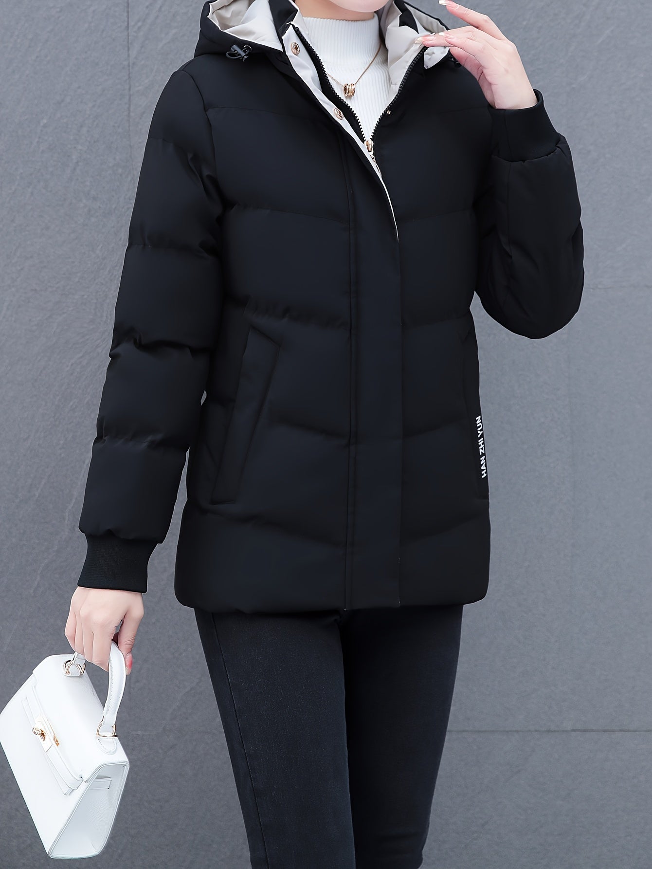 Women'S Puffer Coat, Autumn/Winter Warm Thickened Cotton Jacket, Hooded Sports Style, Solid Color, Zippered, Non-Stretch Fabric, Outdoor Casual Jacket, Polyester (Poly) Material, Woven Knit NEXTRENDBAHRAIN