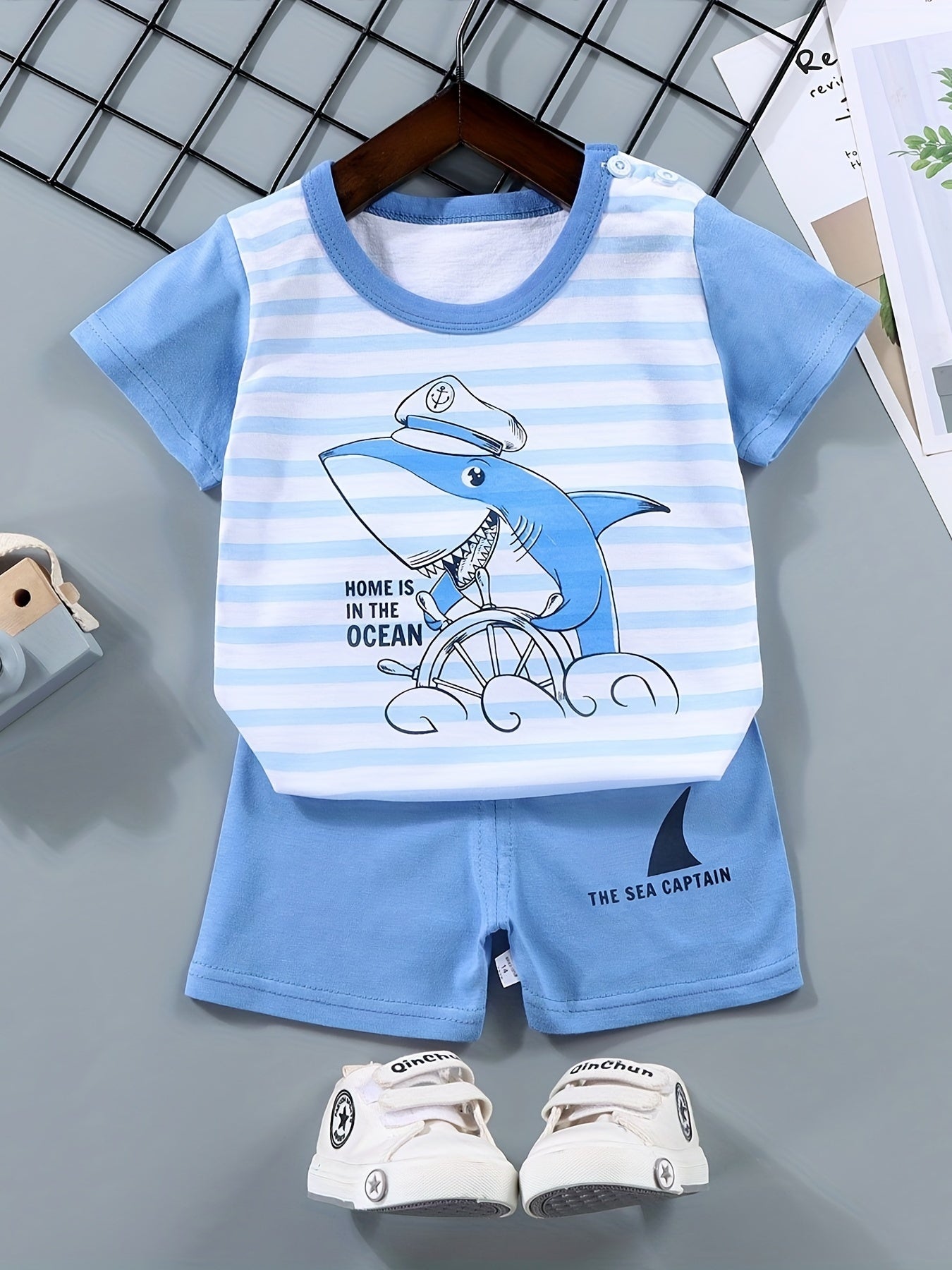 2pcs Boys Casual Cotton Color Block Crocodile Print Short Sleeve Tees & Shorts Set, Summer Kids Outfits - NEXTRENDBAHRAIN