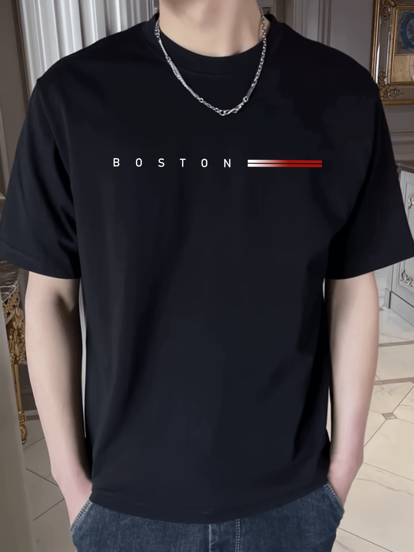 BOSTON And Gradient Color Stripe Pattern Pure Cotton Crew Neck And Short Sleeve T-shirt, Men's Summer Fashion Tee, Classic And Chic Tops For Daily Outerwear - NEXTRENDBAHRAIN