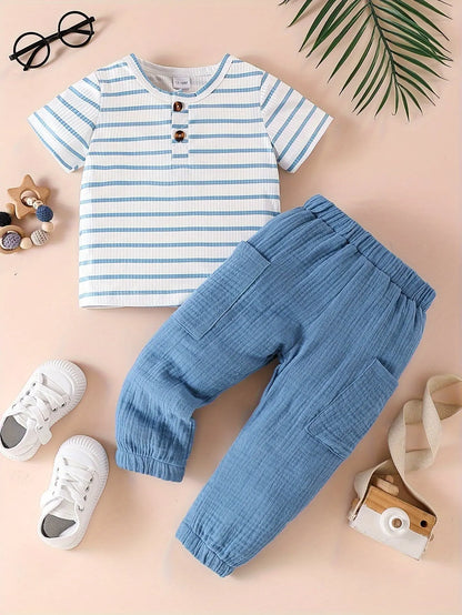 2pcs Baby's Striped Ribbed T-shirt & Casual Solid Color Pants, Toddler & Infant Boy's Clothing Set For Spring Summer - NEXTRENDBAHRAIN