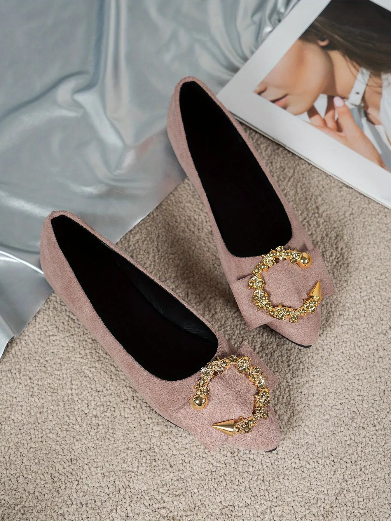 Women's Metal Decor Flat Shoes, Elegant Pointed Toe Slip On Shoes, Comfortable Walking Shoes - NEXTRENDBAHRAIN