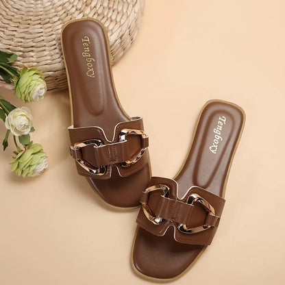 Women's Metallic Buckle Decor Slides, Fashionable Square Open Toe Summer Shoes, Casual Beach Flat Slides - NEXTRENDBAHRAIN