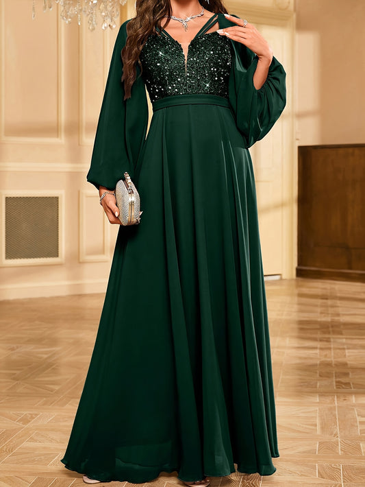 Contrast Sequin V-neck Formal Dress, Elegant Lantern Sleeve A-line Flowy Maxi Dress For Wedding Guest & Banquet, Women's Clothing - NEXTRENDBAHRAIN