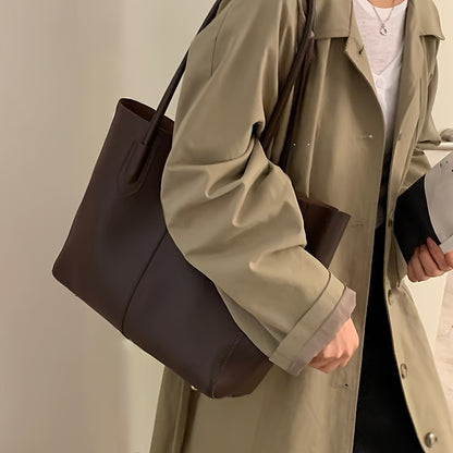 Chic Large Capacity Tote Bag for Women - Vintage Style, Waterproof Faux Leather, Fashionable Shoulder Handbag with Secure Clasp Closure - NEXTRENDBAHRAIN