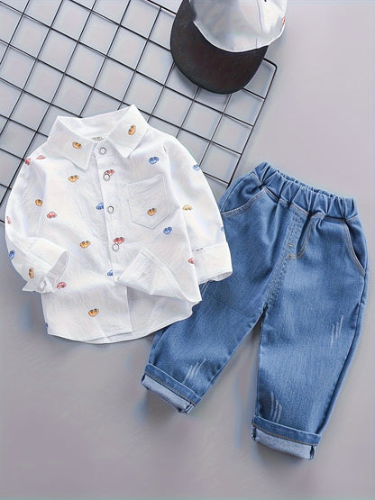 Baby Boy's 2Pcs Cartoon Cars Button Down Shirt & Elastic Pants Set, Toddler Cotton Spring Fall Outfit - NEXTRENDBAHRAIN