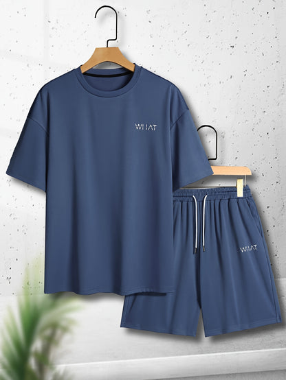 2-piece Men's Solid Summer Outfit Set, Men's Short Sleeve Crew Neck T-shirt & Drawstring Shorts With Pockets - NEXTRENDBAHRAIN