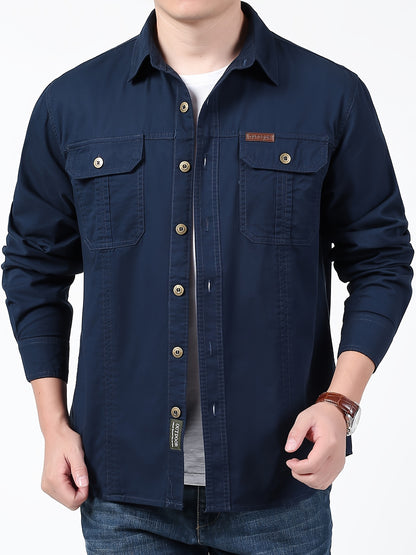 Cotton Comfy Solid Men's Cargo Style Long Sleeve Button Down Shirt With Flap Pockets, Spring Fall Thin Shirt Jacket NEXTRENDBAHRAIN