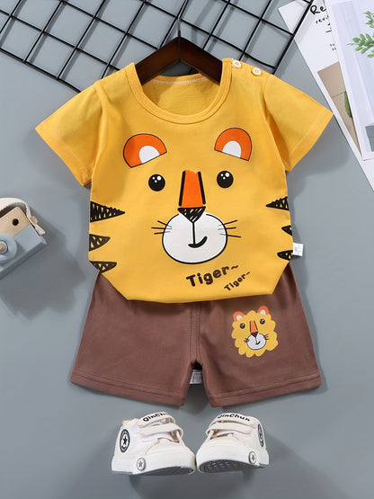 2pcs Boys Casual Cotton Color Block Crocodile Print Short Sleeve Tees & Shorts Set, Summer Kids Outfits - NEXTRENDBAHRAIN