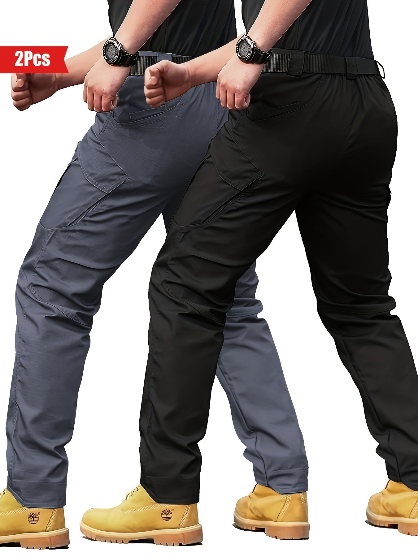 2pcs Men's Tactical Cargo Pants - Water-Resistant, Durable Polyester with Multi-Pocket Design for Outdoor Activities, Perfect for Spring & Fall NEXTRENDBAHRAIN