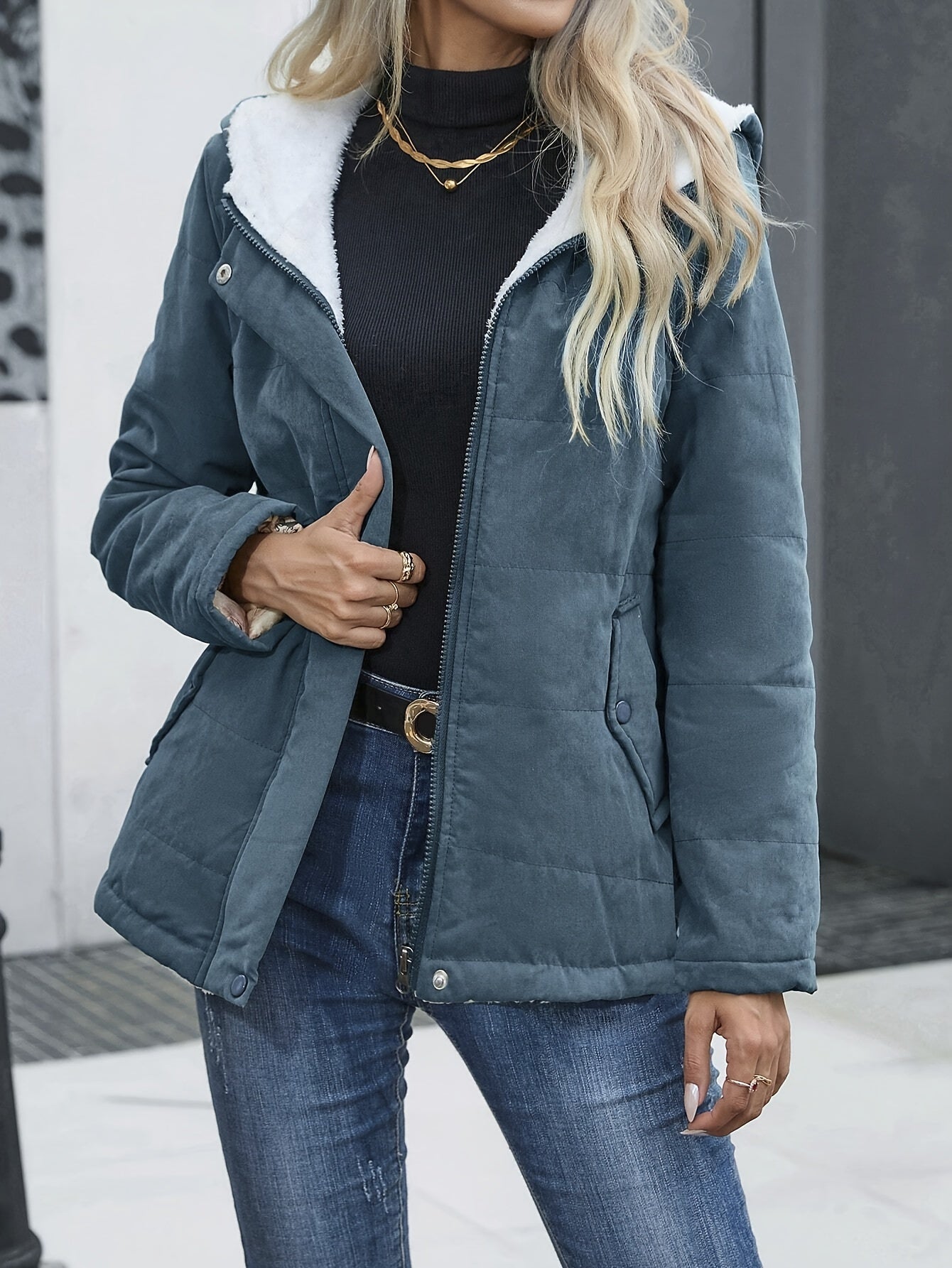 Zip Front Long Sleeve Button Down Jacket, Casual Solid Color Dual Pockets Hooded Quilted Down Jacket, Women's Clothing NEXTRENDBAHRAIN