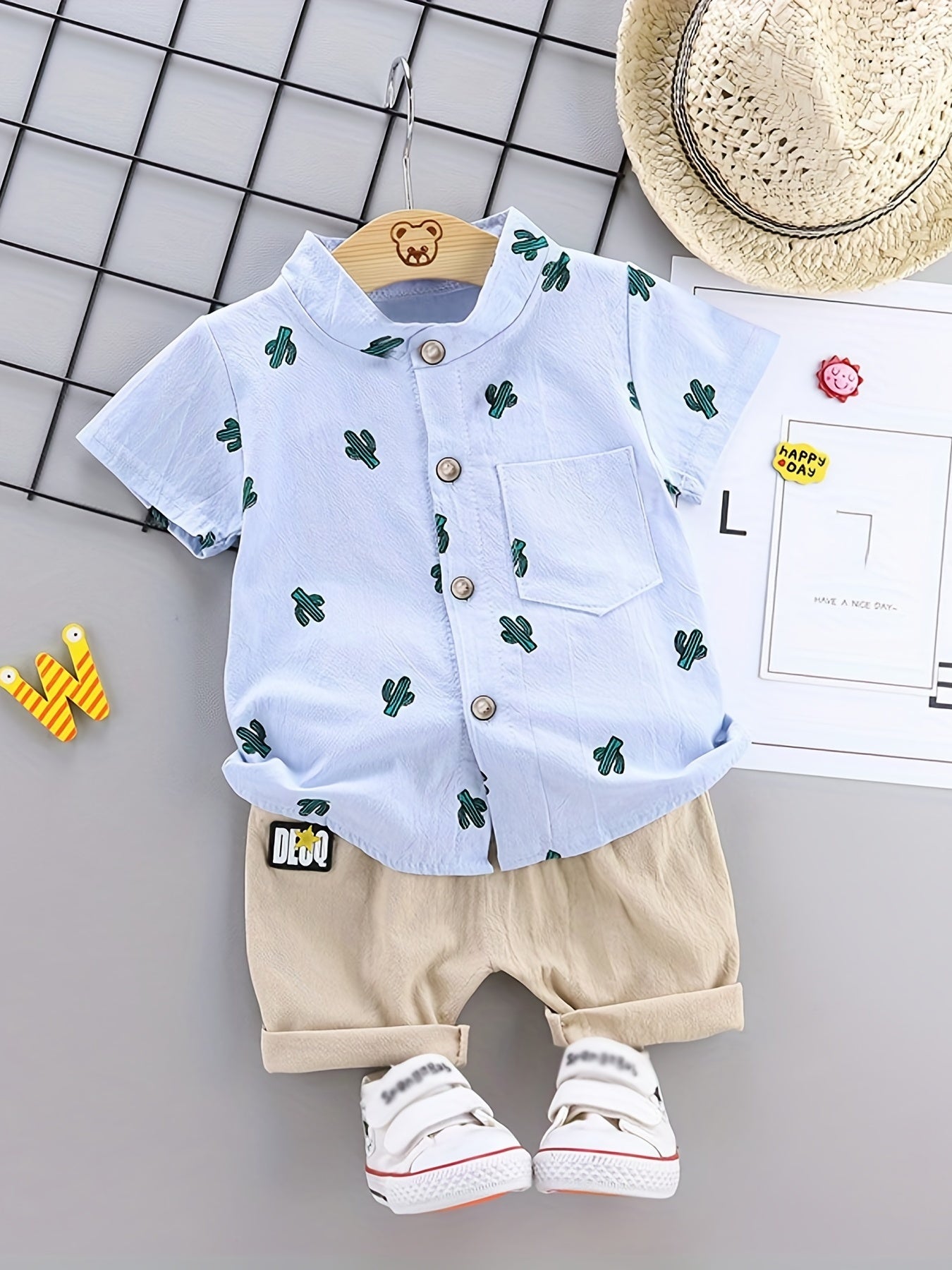 2pcs Baby Boys Dinosaur Print Button Short Sleeve Shirt Top & Elastic Waist Shorts Set Toddler Summer Clothes - NEXTRENDBAHRAIN