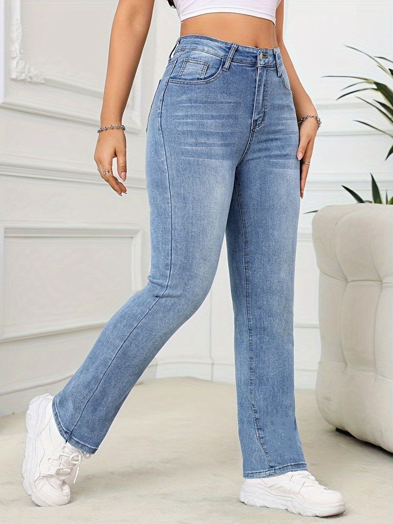 Women's High-Waist Stretch Jeans, Slim Fit Straight-Leg Denim Pants, Elegant Style, Versatile Blue, Casual Long Trousers NEXTRENDBAHRAIN