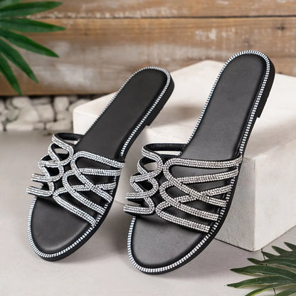 Women's Solid Color Glitter Sandals, Slip On Lightweight Flat Rhinestone Decor Slides, Summer Seaside Beach Slides - NEXTRENDBAHRAIN