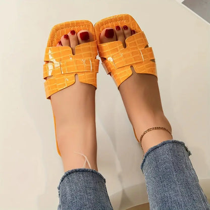 Women's Plaid Pattern Slide Sandals, Casual Square Open Toe Flat Summer Shoes, Lightweight Slide Sandals - NEXTRENDBAHRAIN