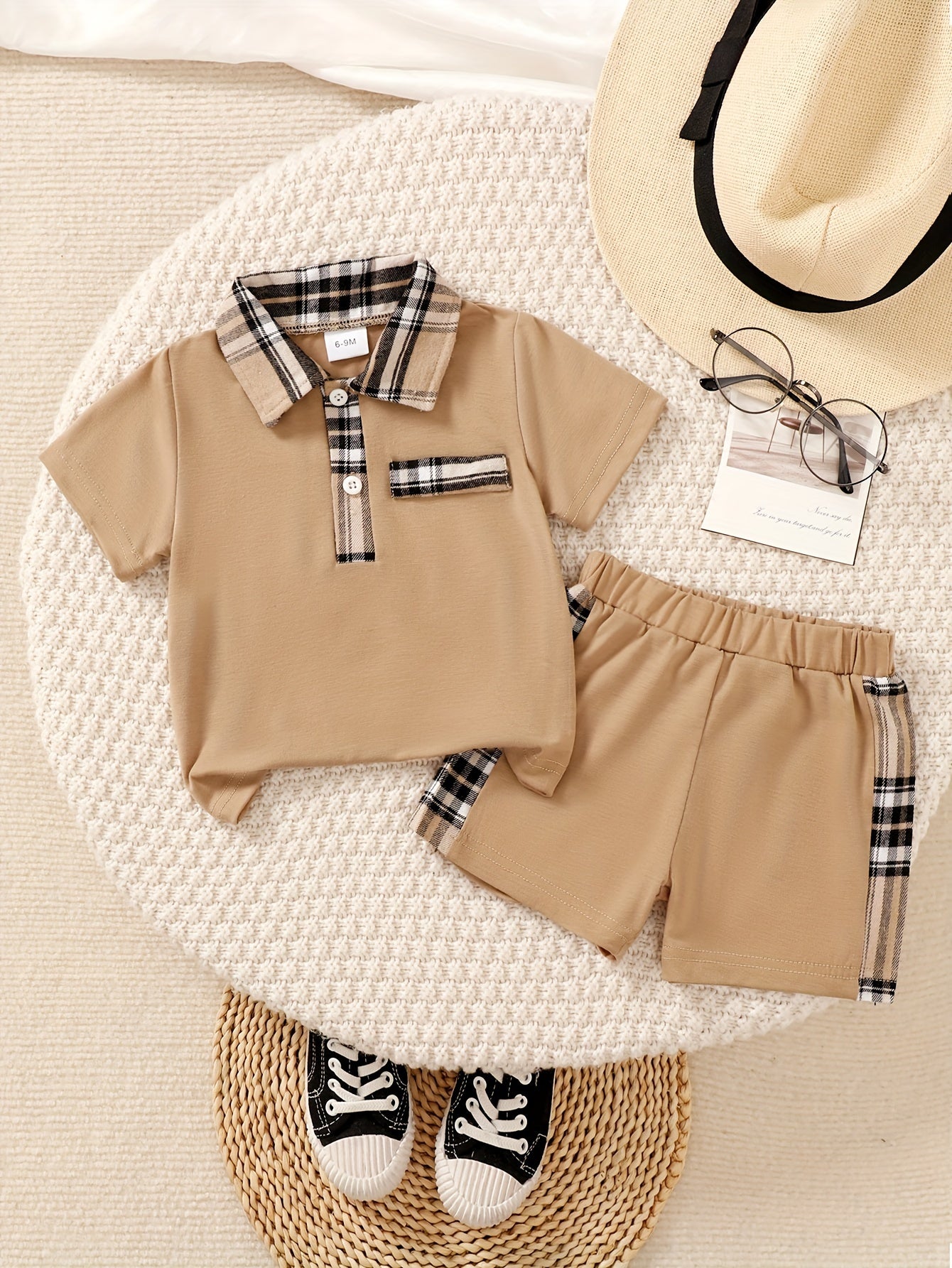 2pcs Toddler Boys Casual Short Sleeve Summer Set, Plaid Pattern Stitching Golf Shirt & Shorts, Baby Boy's Clothes - NEXTRENDBAHRAIN