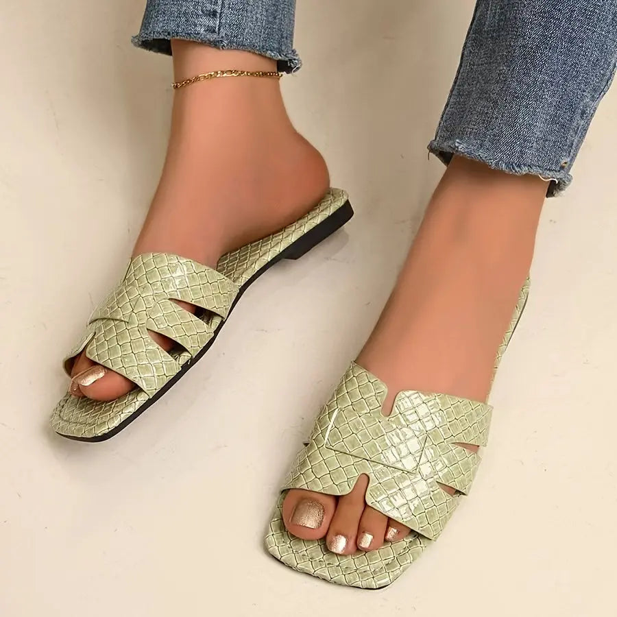 Women's Plaid Pattern Slide Sandals, Casual Square Open Toe Flat Summer Shoes, Lightweight Slide Sandals - NEXTRENDBAHRAIN