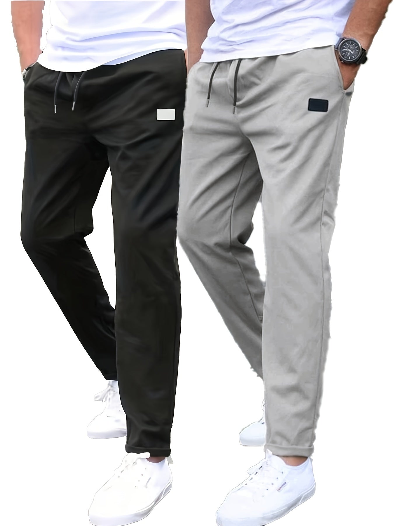 2pcs Men's Label Patched Straight Leg Slim Pants With Drawstrings, Casual Versatile Sports Trousers As Gift NEXTRENDBAHRAIN