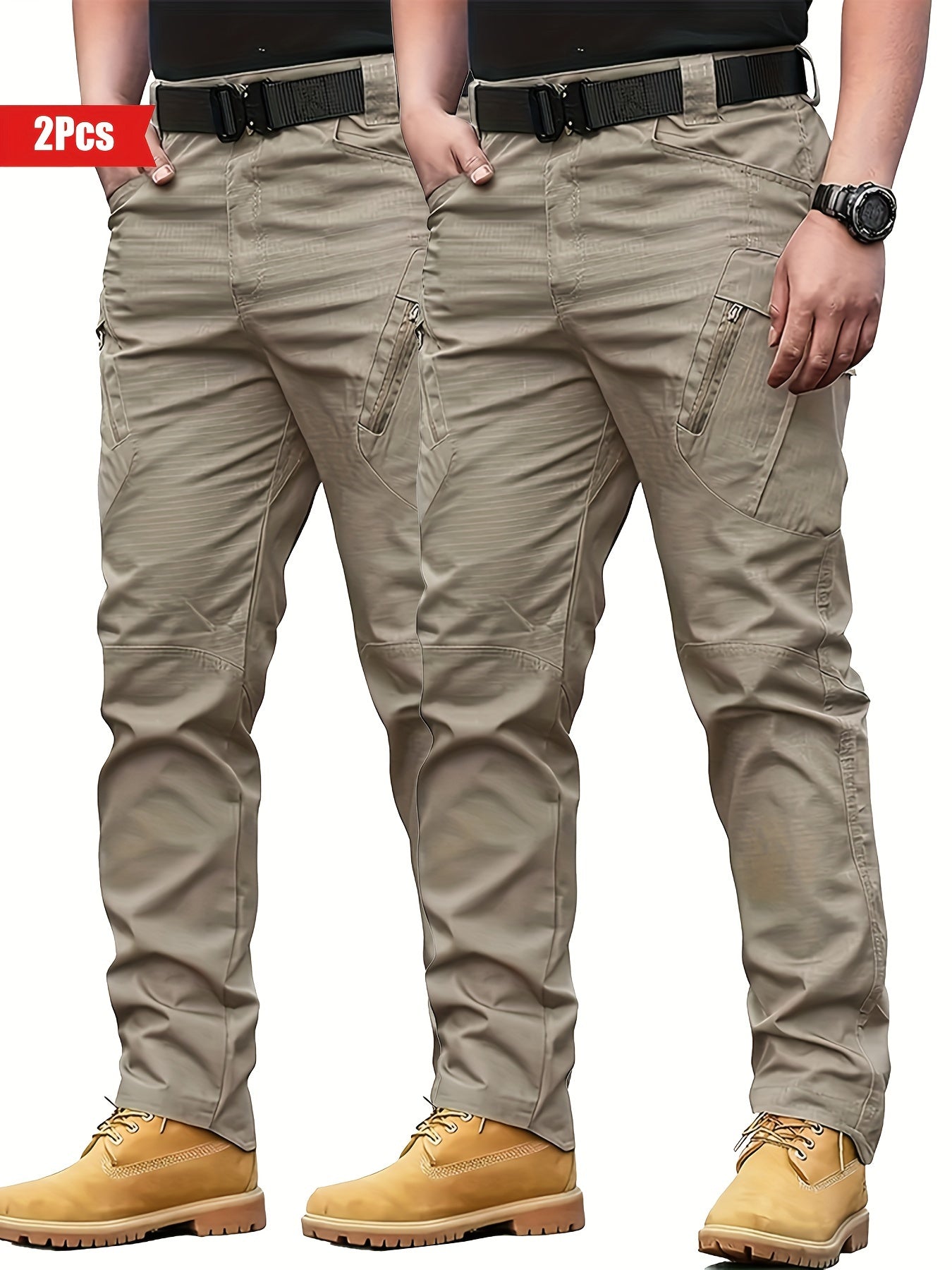 2pcs Men's Tactical Cargo Pants - Water-Resistant, Durable Polyester with Multi-Pocket Design for Outdoor Activities, Perfect for Spring & Fall NEXTRENDBAHRAIN