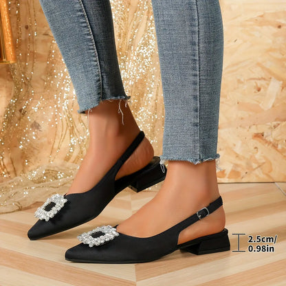 Women's Rhinestone Square Buckle Decor Chunky Heels, Elegant Pointed Toe Ankle Strap Shoes, Women's Slingback Shoes - NEXTRENDBAHRAIN