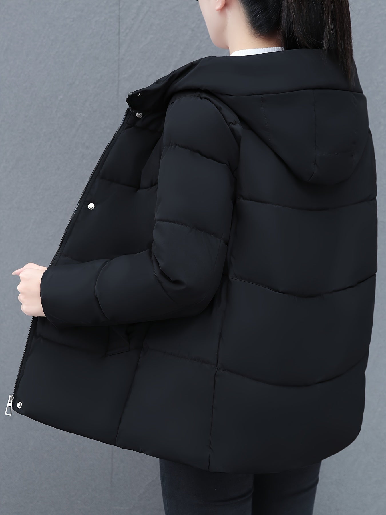 1pc Women'S Casual Style Winter Coat, Geometric Pattern Hooded Cotton Jacket, Long Sleeve, Mid-Length, Non-Stretch Polyester Fabric, No Waist Belt, Non-Waterproof with Pockets NEXTRENDBAHRAIN