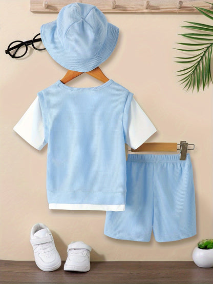 2pcs, Waffle Pattern T-shirt + Comfy Shorts Set For Boys Gift, Summer Clothes - NEXTRENDBAHRAIN