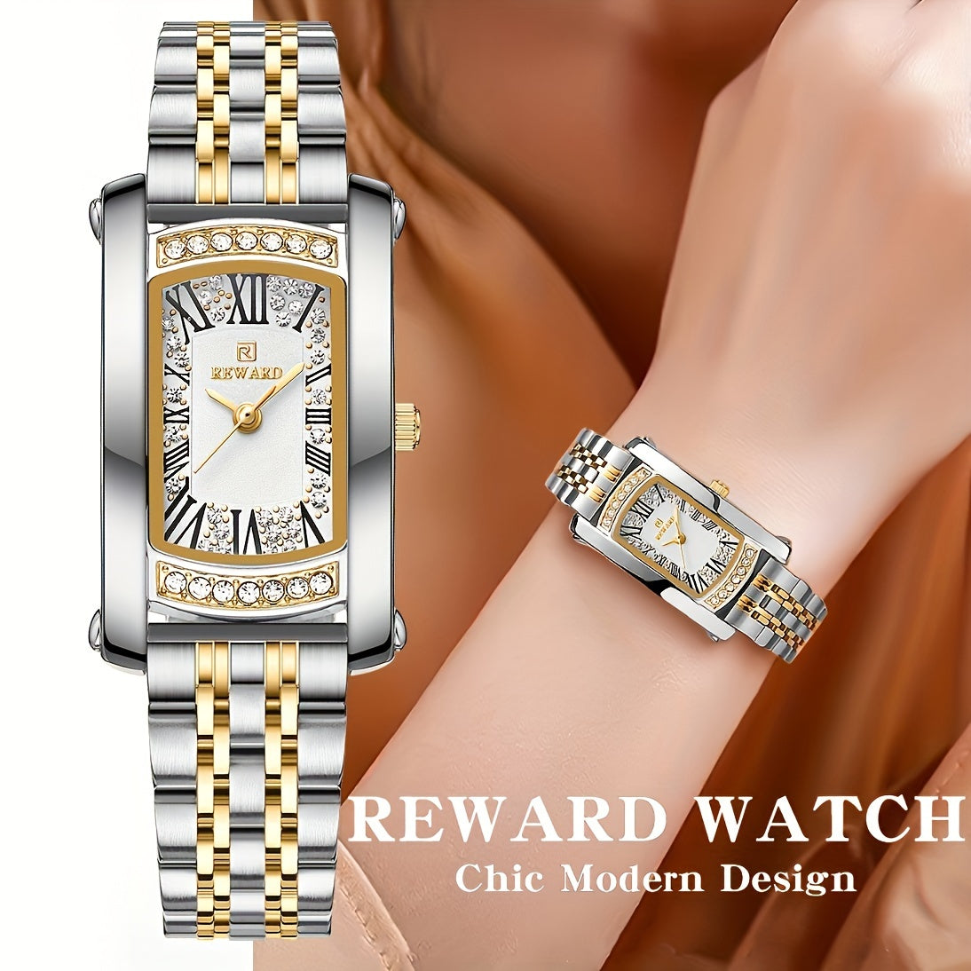 Elegant Golden-Tone Women's Watch - Luxury Retro Rectangle Design with Rhinestone Accents, Stainless Steel Band, Japanese Quartz Movement - NEXTRENDBAHRAIN