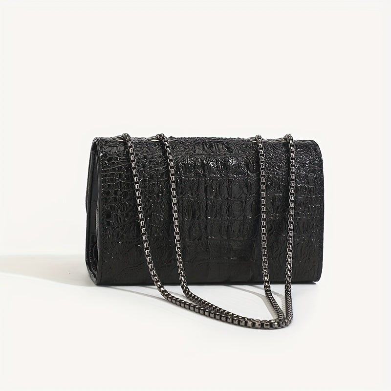 Women's Luxury Handbag, Elegant Crocodile Pattern Square Flap Chain Bag For Daily Use - NEXTRENDBAHRAIN