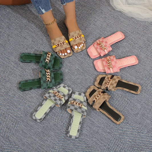 Women's Chain Decor Flat Slides, Floral Pattern Square Open Toe Summer Shoes, Fashion Outdoor Beach Slides - NEXTRENDBAHRAIN