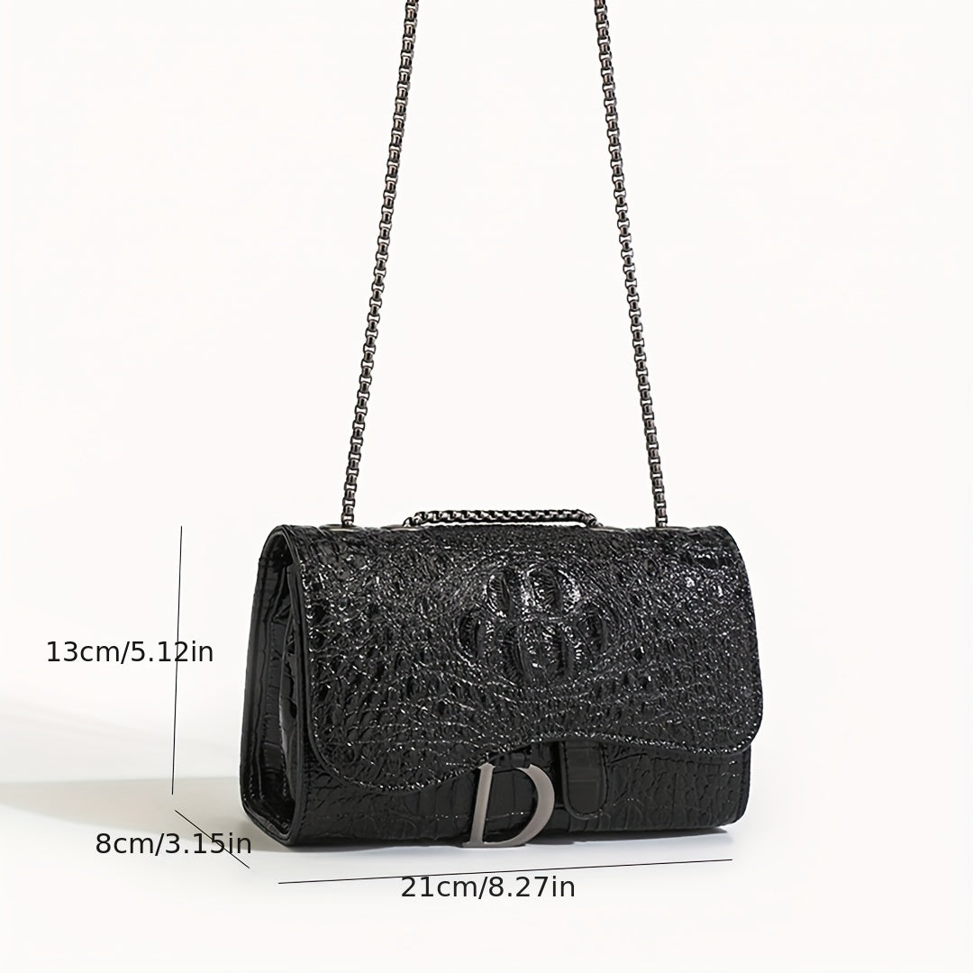 Women's Luxury Handbag, Elegant Crocodile Pattern Square Flap Chain Bag For Daily Use - NEXTRENDBAHRAIN