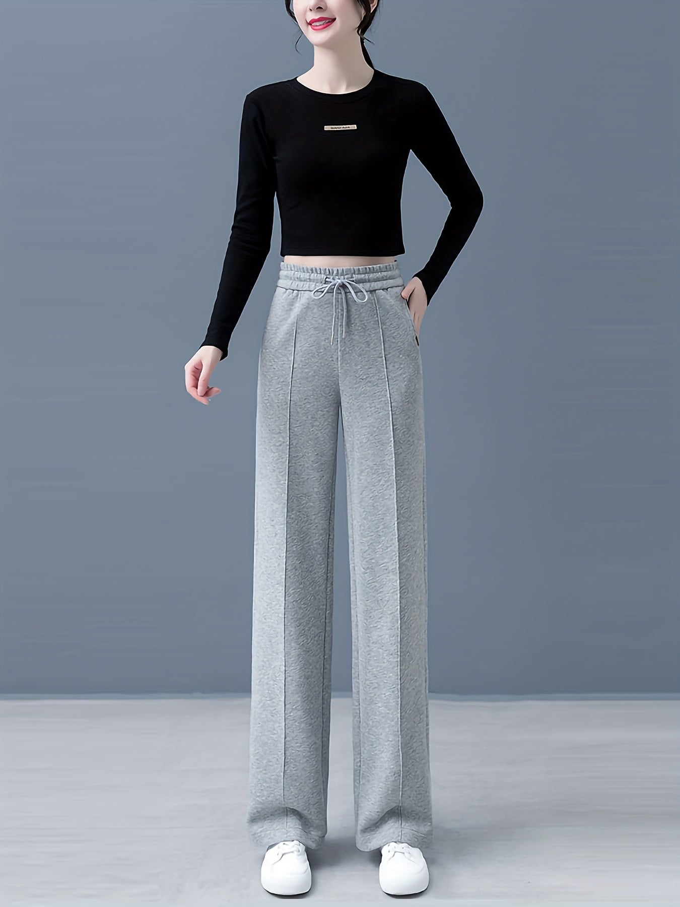 Women's High-Waist Straight-Leg Pants in Solid Color - Comfortable Polyester, Machine Washable, Casual Wide-Leg Design for All Seasons NEXTRENDBAHRAIN